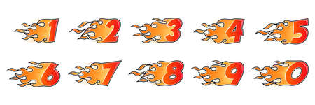 Burning numbers set. Flame flat style numerals isolated on white background. Vector illustration.のイラスト素材