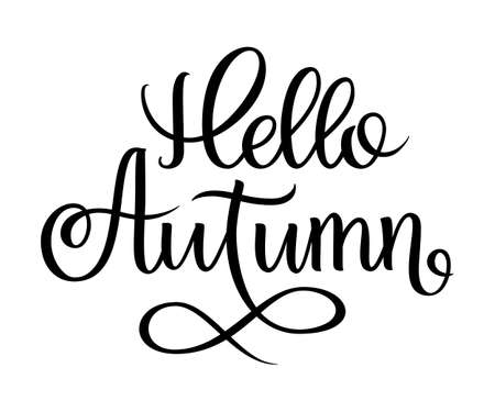 Hand drawn lettering composition Hello autumn on the white background. Seasonal handwritten design element for poster, card. Vector illustration.のイラスト素材