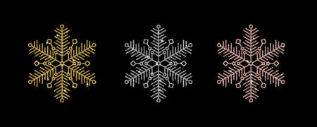 Silver, yellow and rose gold snowflake with luxury glitter effect and bright sparkles isolated on black background. Glamorous vector element for New Year or Xmas design.のイラスト素材