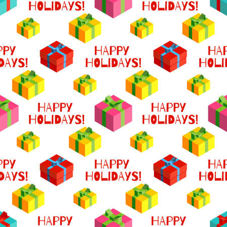 Christmas seamless pattern with isometric gift boxes and festive lettering for greeting cards, invitation, banners, wallpapers, fabric design.のイラスト素材