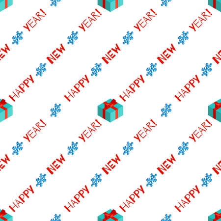 Christmas seamless pattern with isometric gift boxes, snowflakes and festive lettering for greeting cards, invitation, banners, wallpapers, fabric design.のイラスト素材