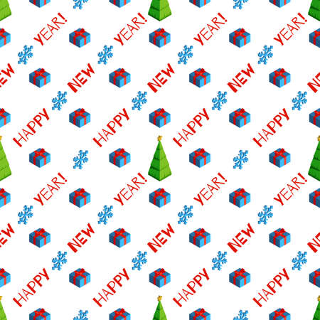 Christmas seamless pattern with isometric gift boxes, spurces, snowflakes and festive lettering for greeting cards, invitation, banners, wallpapers, fabric design.のイラスト素材