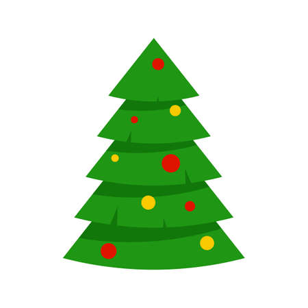 Green christmas tree with festive decorations isolated on a white background. Vector flat illustration for greeting card, poster, invitation, web banner.のイラスト素材