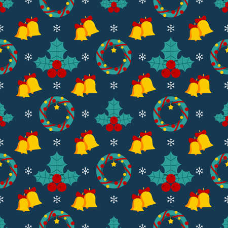 Christmas seamless pattern with color flat icons on a blue background. Xmas holidays vector surface design for greeting cards, invitation, wallpapers, fabric, textile, package, wrapping.のイラスト素材