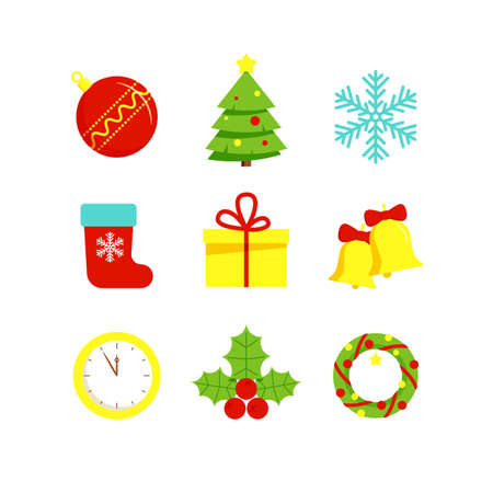 Christmas and New Year 2020 color flat icon set with snowflakes, christmas tree, balls, gift and other stuff on a white background. Vector illustation for Xmas holidays. のイラスト素材