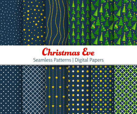 Xmas Eve Seamless Pattern. Vector illustration backgrounds with Christmas trees, dots, stripes, checks, for wallpaper, greeting card, poster, invitation, web banner.のイラスト素材