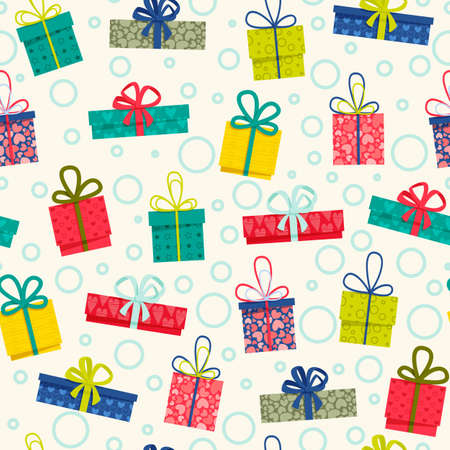 Gift Boxes Seamless Pattern. Colorful gift boxes with ribbons and bows, on the light background for gift decorations and holiday backgrounds.のイラスト素材