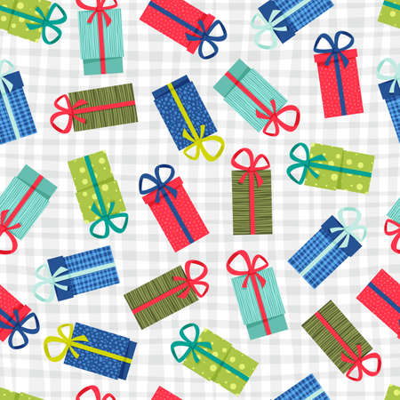 Gift Boxes Seamless Pattern. Colorful gift boxes with ribbons and bows, on a light background for gift decorations and holiday backgrounds.のイラスト素材