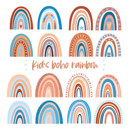 Cute handdrawn boho style baby rainbow for party decoration, print, baby fabric, wallpaper, textile design. Contemporary vector illustration.のイラスト素材