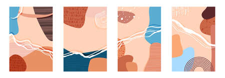 Abstract trendy style shapes and lines composition, contemporary texture background for social media, stories template, decoration, postcard, package or cover design. Vector illustration.のイラスト素材