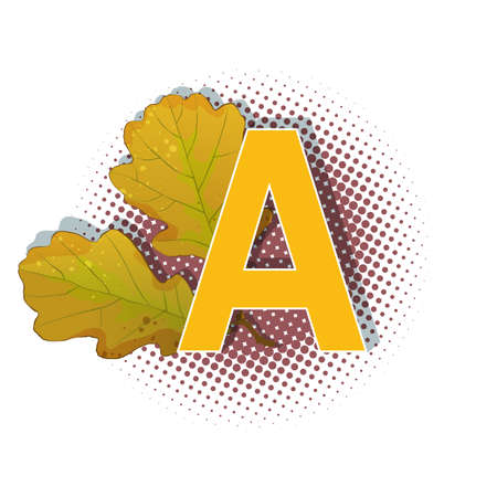 Autumn 3D pop art alphabet - colorful bold letter A and oak leaves on a halftoned background. Multilayer funny vector letters in retro comic style for decoration websites, posters, comics and banners.のイラスト素材