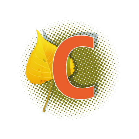 Autumn 3D pop art alphabet - colorful bold letter C and aspen leaf on a halftoned background. Multilayer funny vector letters in retro comic style for decoration websites, posters, comics and banners.のイラスト素材