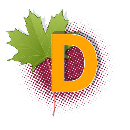 Autumn 3D pop art alphabet - colorful bold letter D and maple leaf on a halftoned background. Multilayer funny vector letters in retro comic style for decoration websites, posters, comics and banners.のイラスト素材