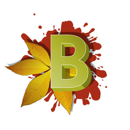 Autumn 3D pop art alphabet, colorful bold letter B and oak leaves on a halftoned and spotted background. Multilayer funny vector letters in retro comic style for websites, posters, comics and banners.のイラスト素材