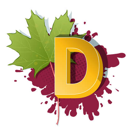 Autumn 3D pop art alphabet, colorful bold letter D and maple leaf on a halftoned and spotted background. Multilayer funny vector letters in retro comic style for websites, posters, comics and banners.のイラスト素材