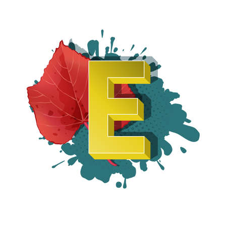 Autumn 3D pop art alphabet, colorful bold letter E and maple leaf on a halftoned and spotted background. Multilayer funny vector letters in retro comic style for websites, posters, comics and banners.のイラスト素材