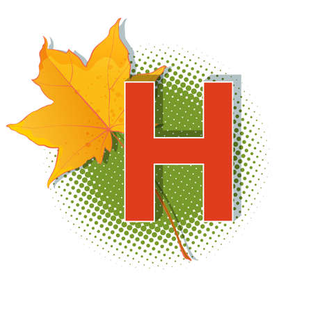 Autumn 3D pop art alphabet, colorful bold letter H and maple leaf on a halftoned background. Multilayer funny vector letters in retro comic style for websites, posters, comics and banners.のイラスト素材