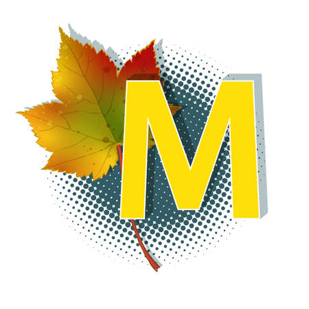 Autumn 3D pop art alphabet, colorful bold letter M and maple leaf on a halftoned background. Multilayer funny vector letters in retro comic style for websites, posters, comics and banners.のイラスト素材
