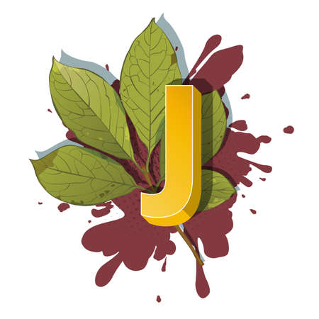 Autumn 3D pop art alphabet, colorful bold letter J and lilac leaves on a halftoned and spotted background. Multilayer funny vector letters in retro comic style for websites, posters, banners.のイラスト素材