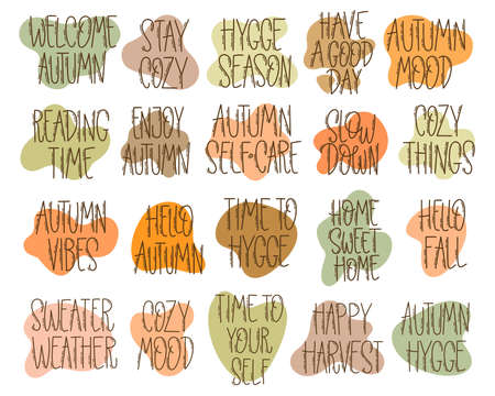 Set of hand-drawn autumn hygge mood lettering phrases. Cozy cute motivational phrases isolated on white background for seasonal decoration.のイラスト素材