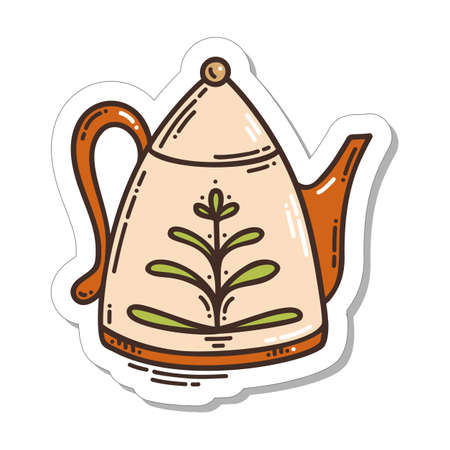 Colorful hand-drawn hygge sticker with teapot in doodle style isolated on white background. Cute vector for seasonal decoration.のイラスト素材