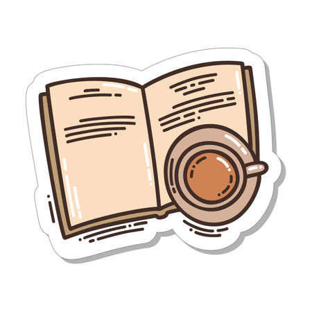 Colorful hand-drawn hygge sticker with diary or book and tea cup in doodle style isolated on white background. Cute vector for seasonal decoration.のイラスト素材