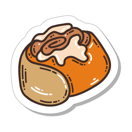 Colorful hand-drawn hygge sticker with cinnamon bun in doodle style isolated on white background. Cute vector for seasonal decoration.のイラスト素材