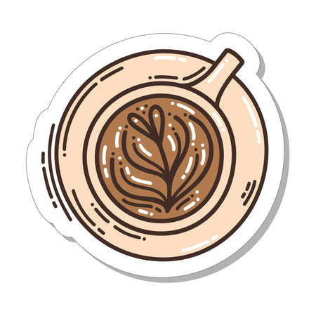 Colorful hand-drawn autumn mood sticker with cup of coffee, in doodle style isolated on white background. Cute vector illustration for seasonal decoration.のイラスト素材