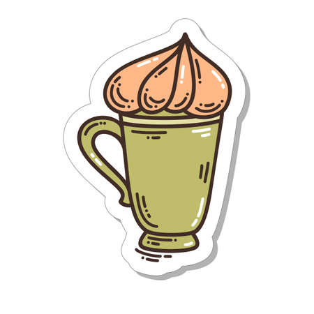 Colorful hand-drawn cappuccino cup sticker in doodle style isolated on white background. Cute vector collection for seasonal decoration.のイラスト素材