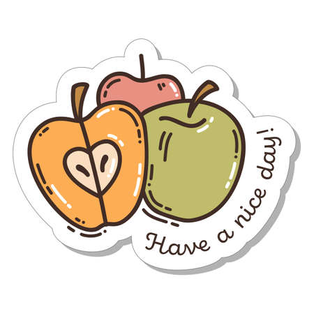 Colorful hand-drawn harvest sticker with three apples in doodle style and lettering Have a nice day isolated on white background. Cute vector collection for seasonal decoration.のイラスト素材