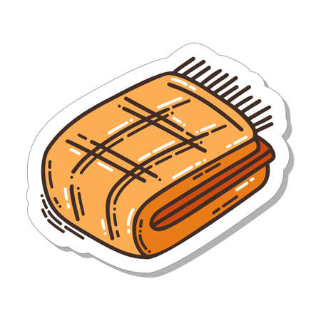 Colorful hand-drawn cold days mood sticker with a rolled blanket in doodle style isolated on white background. Cute vector for seasonal decoration.のイラスト素材