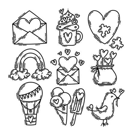 Valentine's Day doodle style hand-drawn icon set with simple engraving retro effect. Romantic mood cute love symbols and elements collection.のイラスト素材