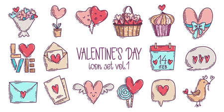 Colorful Valentine's Day doodle style hand-drawn icon set with simple engraving retro effect. Romantic mood cute love symbols and elements collection.のイラスト素材
