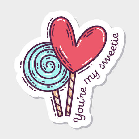 Set of Valentine's Day hand-drawn doodle sticker with simple engraving retro effect and quotes. Romantic mood cute love symbol and lettering.のイラスト素材