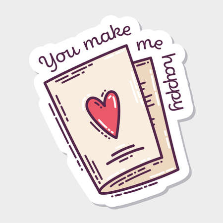 Set of Valentine's Day hand-drawn doodle sticker with simple engraving retro effect and quotes. Romantic mood cute love symbol and lettering.のイラスト素材