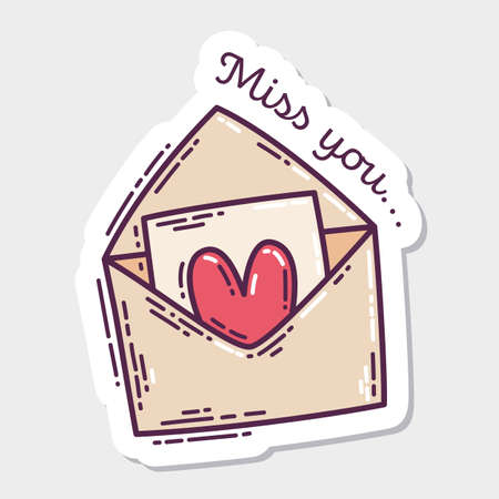 Set of Valentine's Day hand-drawn doodle sticker with simple engraving retro effect and quotes. Romantic mood cute love symbol and lettering.のイラスト素材