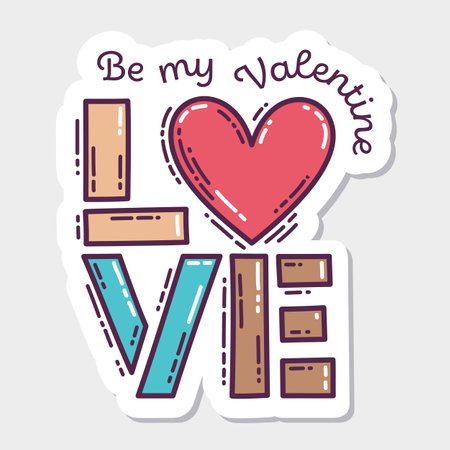 Colorful Valentine's Day doodle style hand-drawn sticker with simple engraving retro effect and quote. Romantic mood cute love symbol and lettering.のイラスト素材