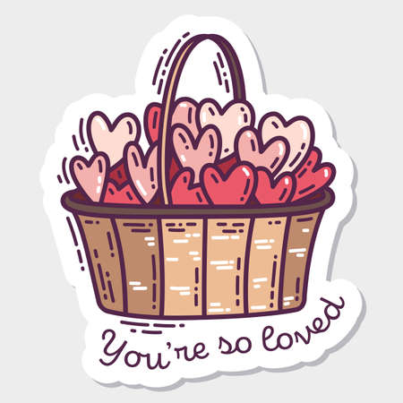 Colorful Valentine's Day doodle style hand-drawn sticker with simple engraving retro effect and quote. Romantic mood cute love symbol and lettering.のイラスト素材