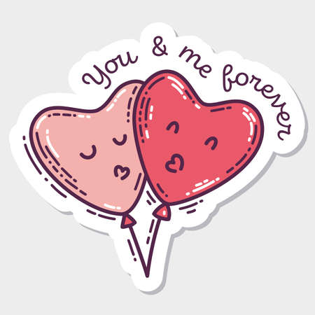 Colorful Valentine's Day doodle style hand-drawn sticker with simple engraving retro effect and quote. Romantic mood cute love symbol and lettering.のイラスト素材