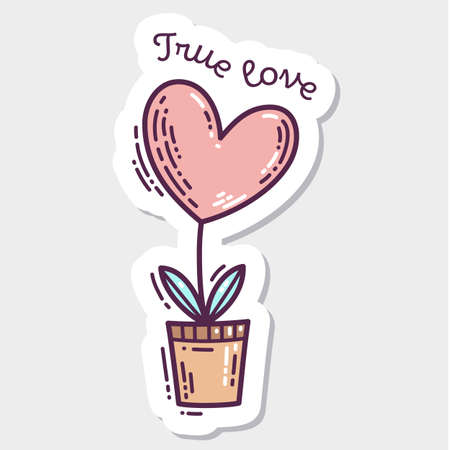 Colorful Valentine's Day doodle style hand-drawn sticker with simple engraving retro effect and quote. Romantic mood cute love symbol and lettering.のイラスト素材