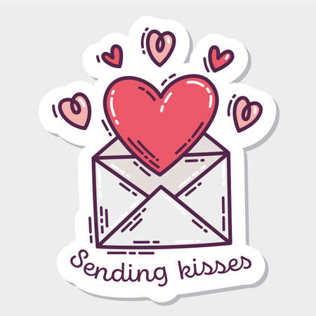 Colorful Valentine's Day doodle style hand-drawn sticker with simple engraving retro effect and quote. Romantic mood cute love symbol and lettering.のイラスト素材