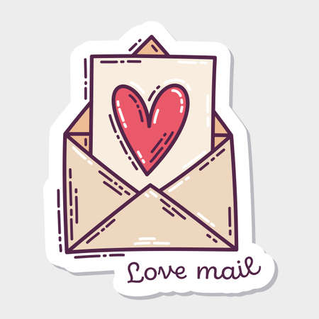 Colorful Valentine's Day doodle style hand-drawn sticker with simple engraving retro effect and quote. Romantic mood cute love symbol and lettering.のイラスト素材