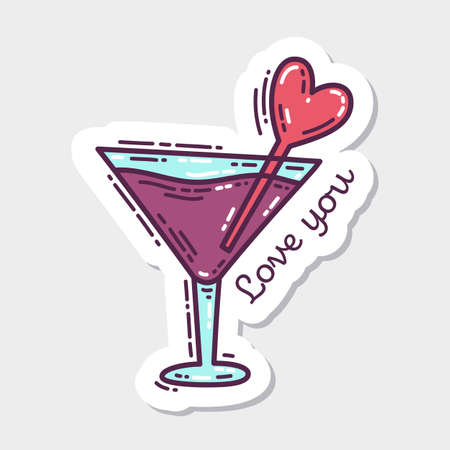 Colorful Valentine's Day doodle style hand-drawn sticker with simple engraving retro effect and quote. Romantic mood cute love symbol and lettering.のイラスト素材