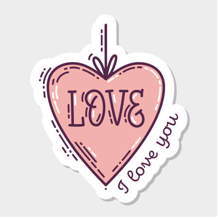 Colorful Valentine's Day doodle style hand-drawn sticker with simple engraving retro effect and quote. Romantic mood cute love symbol and lettering.のイラスト素材