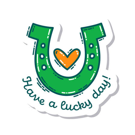 Colorful St. Patrick's Day doodle style hand-drawn sticker with simple engraving effect. Cute Irish holiday symbols and elements collection.のイラスト素材