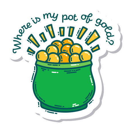 Colorful St. Patrick's Day doodle style hand-drawn sticker with simple engraving effect. Cute Irish holiday symbols and elements collection.のイラスト素材