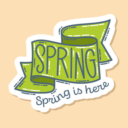Green ribbon and lettering Spring is here, hand-drawn doodle sticker. Cute colorful symbol and elementのイラスト素材