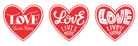 Love lives here - Valentine's Day lettering, quote design in heart shape for craft product, printable card, shirt, mug, wall arts stencil, wedding photowall.のイラスト素材