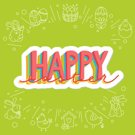 Joyful Happy Easter hand-drawn lettering for greeting cards, social media posts, stickers. Colorful candy pastels spring vector illustration in flat style.のイラスト素材