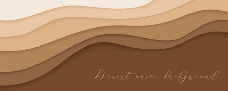 Desert waves, sand dunes paper art banner, poster template. Nude beige waves papercut style.のイラスト素材